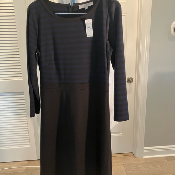 LOFT Dresses & Skirts - LOFT Navy Stripe and Black Long Sleeve Fit-and-Flare Dress